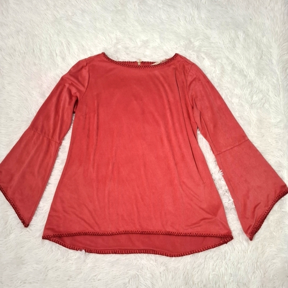 Soft Surroundings Pink Faux Suede Tunic Top Boho Bell Sleeve Pullover Women’s M - Picture 2 of 8